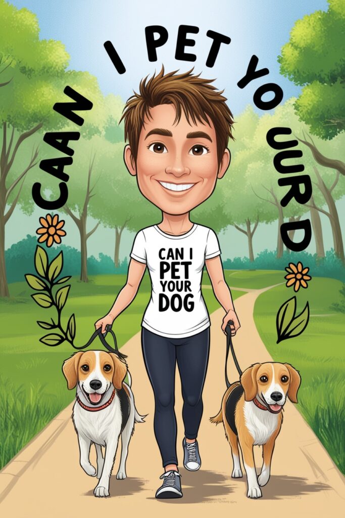 A person walking their dog in the park wearing a Can I Pet Your Dog Shirt to promote respectful interactions