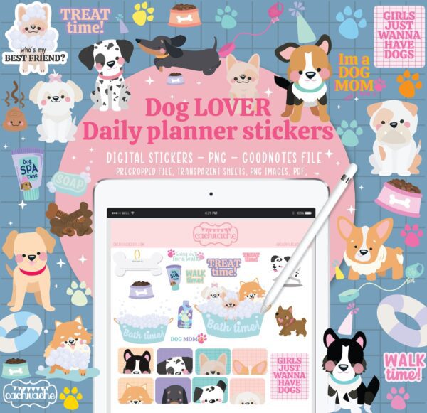 Dog stickers for digital planning, cute puppy stickers for planning apps. Digital planner stickers for good notes